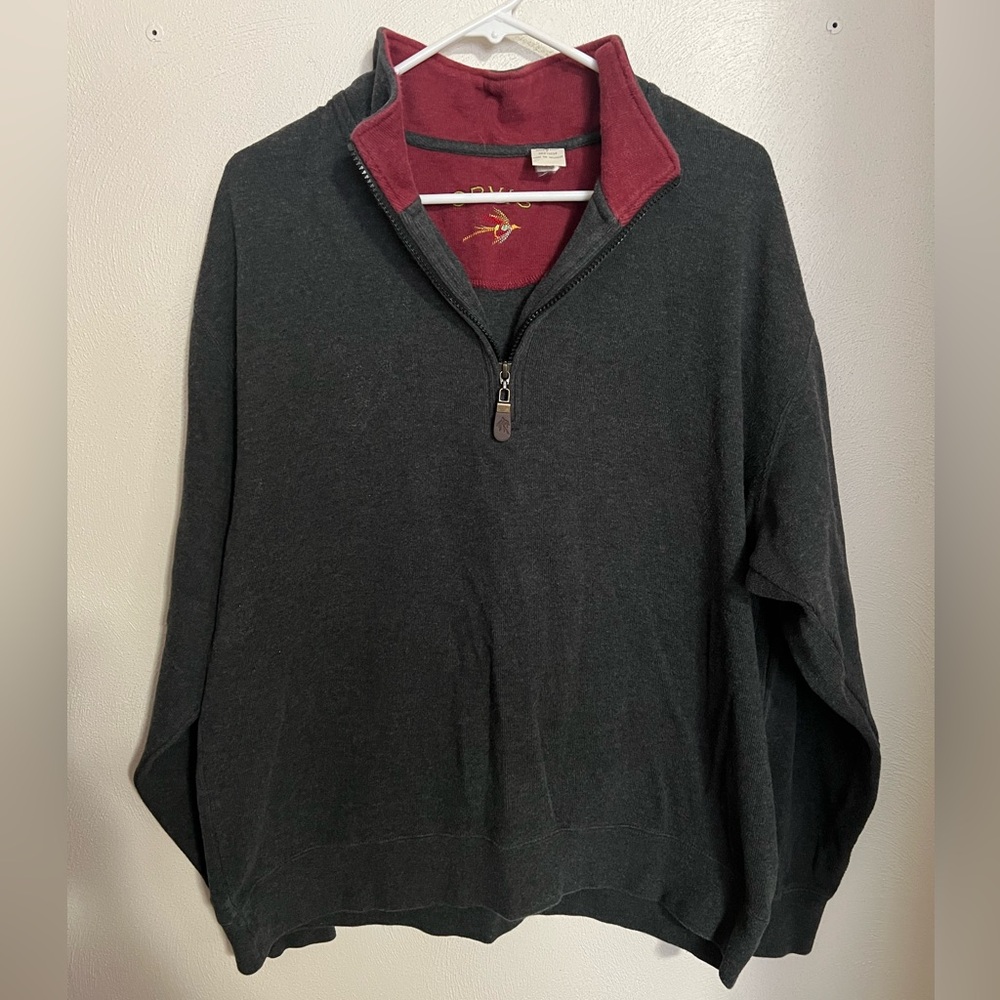 ORVIS Classic 100% Cotton Collared Quarter Zip Sweater Grey Maroon Men's Size L